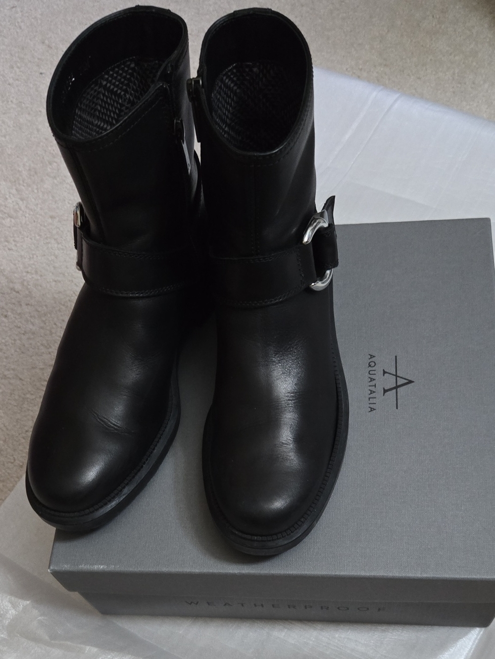 Aquatalia Black Leather Moto Ankle Boots with Silver Buckle